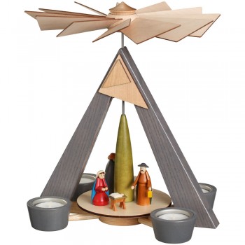Teelichtpyramide - grau, Christi Geburt - bunt